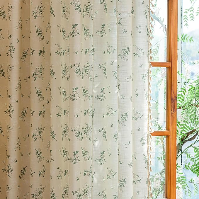 OYX Sage Green Spring Floral Curtains 84 Inch Length 2panels for Living Room, French Country Vintage Light Filtering Patterned Aesthetic Drapes for Bedroom, Rod Pocket Decor Window Treatment Curtains
