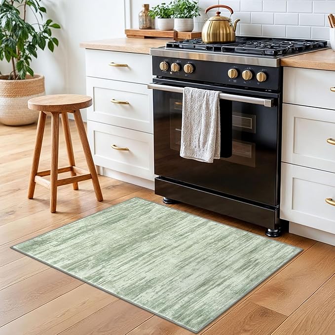 2x3 Modern Abstract Rug for Entryway, Light Sage Green and Ivory Super Soft Small Area Rug, Washable Non-Slip Kitchen Rugs, Low-Pile Mat for Bedside, Indoor Door Mat