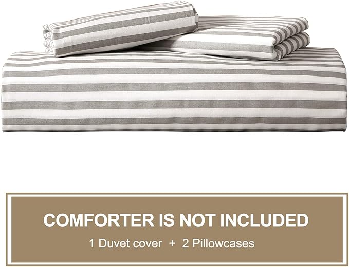 JELLYMONI 100% Natural Cotton 3pcs Striped Duvet Cover Sets with Zipper Closure & Corner Ties, White Comforter Cover with Grey Stripes Pattern Printed (Full Size)