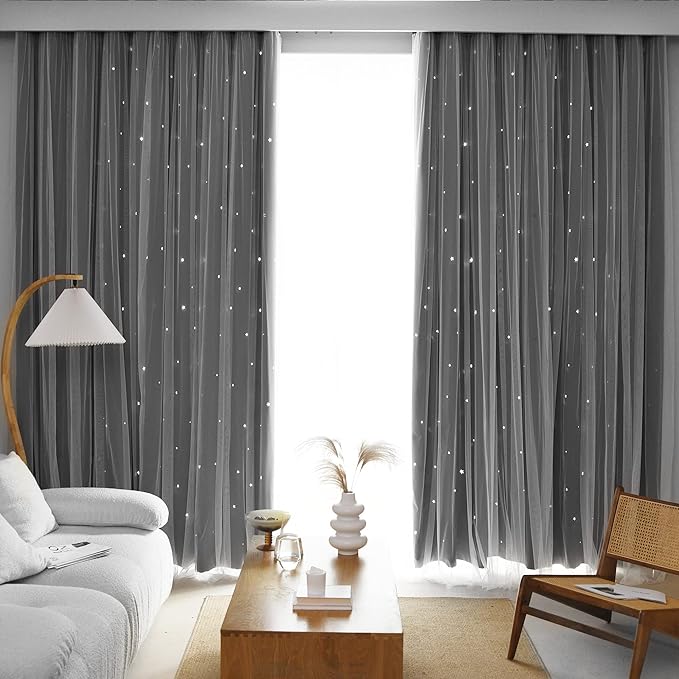 Kinryb Kids Blackout Curtains for Bedroom/Living Room/Classroom, Sheer Overlay 2 Panel Set, Double Layer Curtains with Star Cutout for Kids Room(Each Piece W 70 x L 95 Inches 2 Pcs Grey)