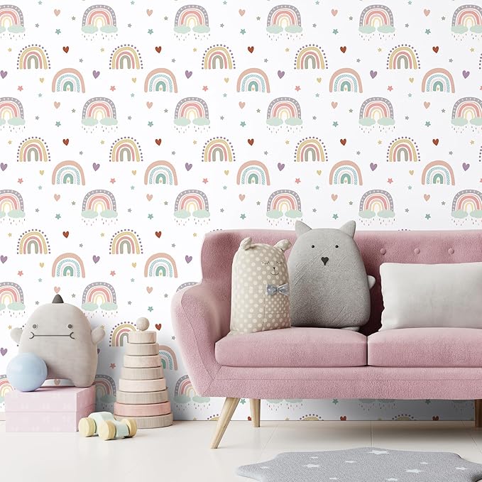 CHIHUT Boho Rainbow Wallpaper 17.7”x100” Kids Wallpaper Stick and Peel for Girls Bedroom Self Adhesive Removable Baby Room Cute Colorful Wall Paper Decorative Boho Contact Paper for Classroom