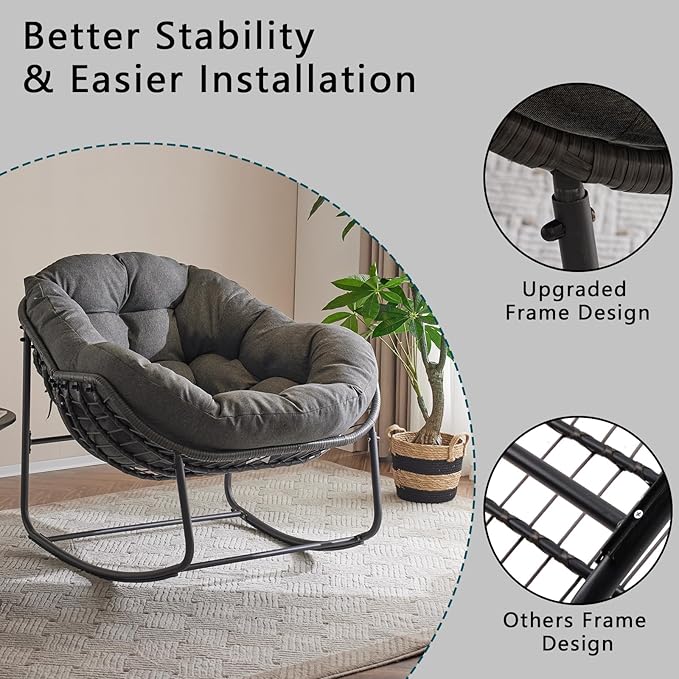 Oversized Outdoor Papasan Rocking Chair with Soft Cushion, Comfy Patio Egg Chair, Wicker Lounge Rocker for Balcony/Porch/Garden, Reinforced All Weather Rattan Frame, 330 lbs Support, Dark Grey