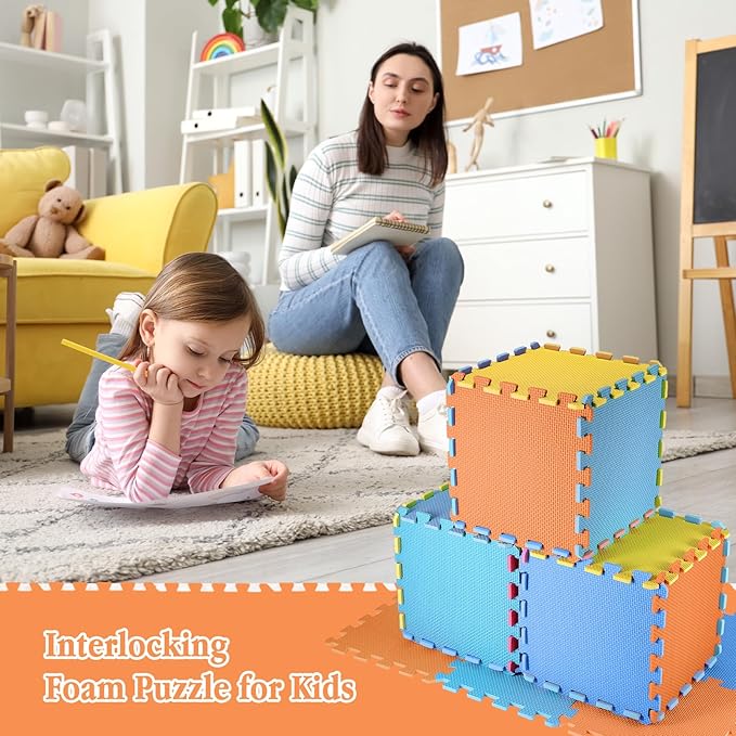Nuanchu 60 PCS Kids Foam Puzzle Floor Mat Bulk - Solid Color Foam Play Mat with Borders Interlocking Multi Use Floor Rug for Children, 12 Inch(Dark Blue, Light Blue, Orange, Yellow)