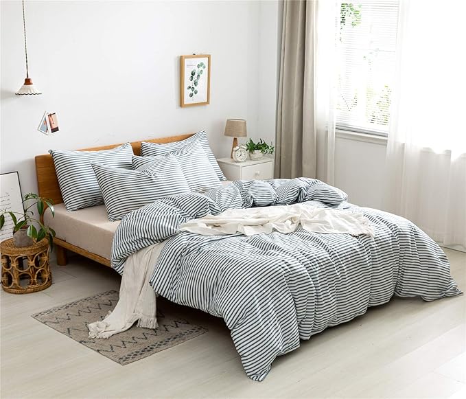 JELLYMONI 100% Natural Cotton 3pcs Striped Duvet Cover Sets,White Duvet Cover with Grayish Blue Stripes Pattern Printed Comforter Cover,with Zipper Closure & Corner Ties(Queen Size)
