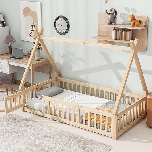 Twin House Bed Frame with Fence Rails and Door,Wood Montessori Floor Bed with Slats Support,Teepee Tent Beds Kids Bed Frames for Girls Boys, Natural