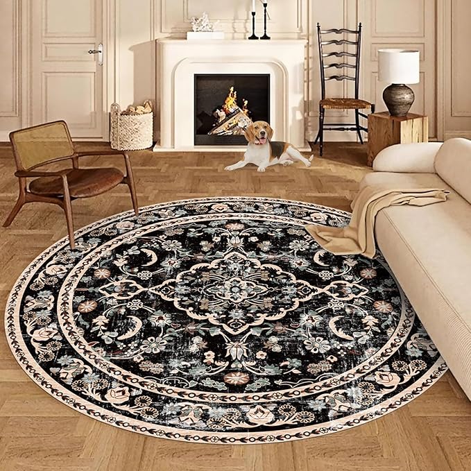 Vhong Boho Area Rugs Vintage Washable Modern Neutral Carpet Black and Brown 9×9 High Traffic Round Rugs for Dinning Room Living Room Bedroom Farmhouse Non Slip