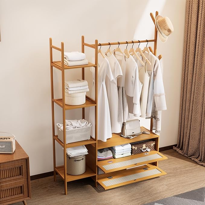 Bamboo Clothes Rack,Garment Rack with Drawers and Shelves,5 Tier Storage Shelves with 6 Hanging Hooks,Wardrobe Closet for Entryway Guestroom Kids Bedroom(39.4inch Width Natural with Rattan Door)