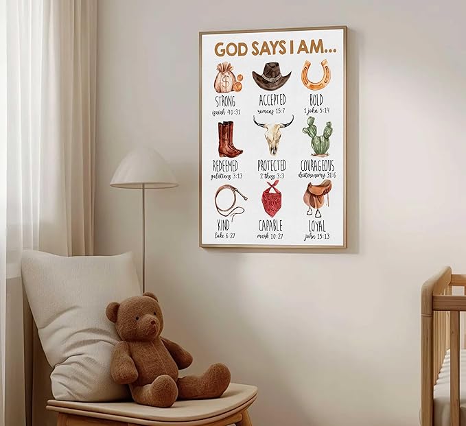 Framed Christian Nursery Canvas Wall Art God Says I Am Inspirational Bible Verses Western Cowboy Painting Pictures Wall Decor Posters Prints Artwork for Kids Girls Bedroom Playroom Baby Room
