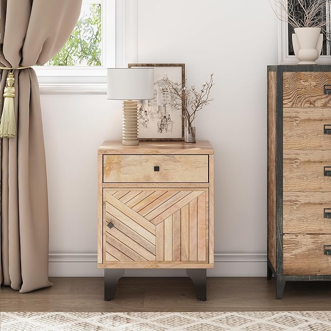 Nightstand, End Table with 2 Drawers, Mid Century Modern Side Table with Shelf Storage Bed Night Stand Accent Table for Bedroom, Living Room… (Solid Wood)