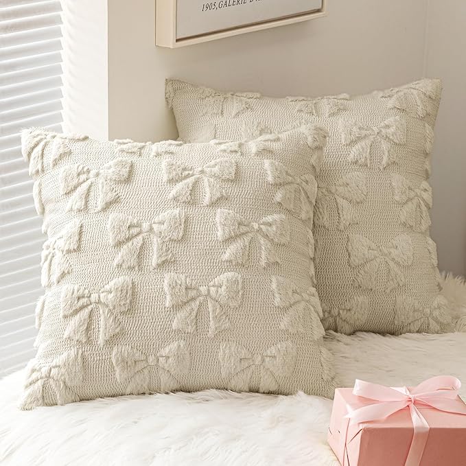 MIULEE Beige Bow Pillow Covers Christmas Coquette Room Decor Aesthetic Set of 2 Decorative Cute Girl Throw Pillow Soft Plush Faux Pillowcase for Girl Bed Couch Sofa,18x18 Inch