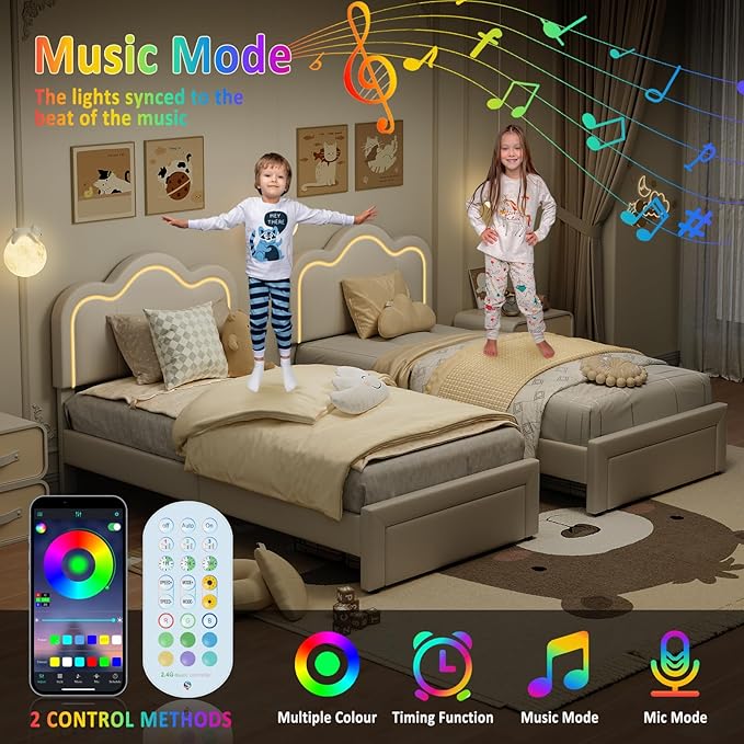 GarveeHome Twin Upholstered LED Bed Frame with Headboard, Faux Leather Princess Platform Bed Fram for Kids, Wooden Slats Support, No Box Spring Needed (Cream with Drawer, Twin)