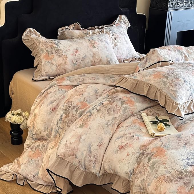 HighBuy Girl Linen Duvet Cover Set Twin XL Beige Ruffle Design,Vintage Floral Yarn Dyed Ruffled Bedding Set Natural French Breathable Farmhouse Bedding - 1 Twin XL Duvet Cover 2 Pillowcases