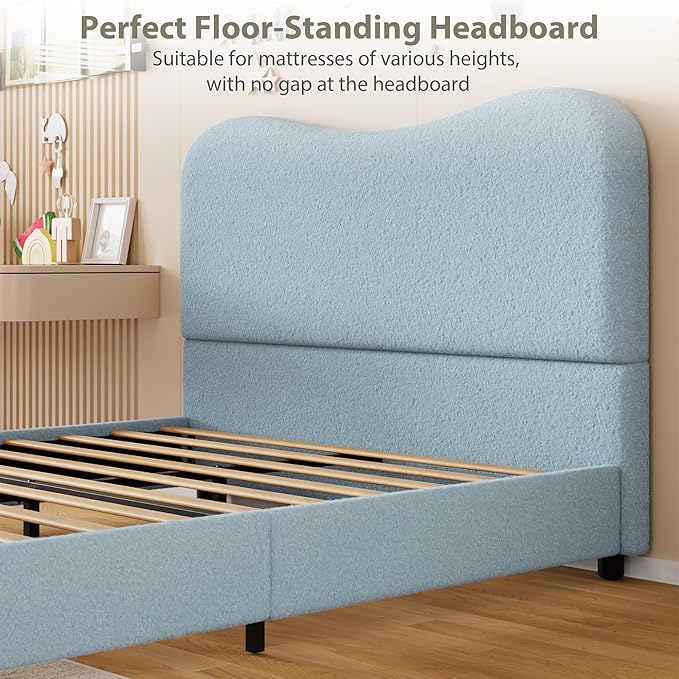 Senfot Blue Boucle Bed Frame with Upholstered Headboard, Soft Low Profile Sturdy Platform Bed with Rounded Corners Design, Heavy Duty, Wooden Slats, Noise Free, No Box Spring Needed, Full Size