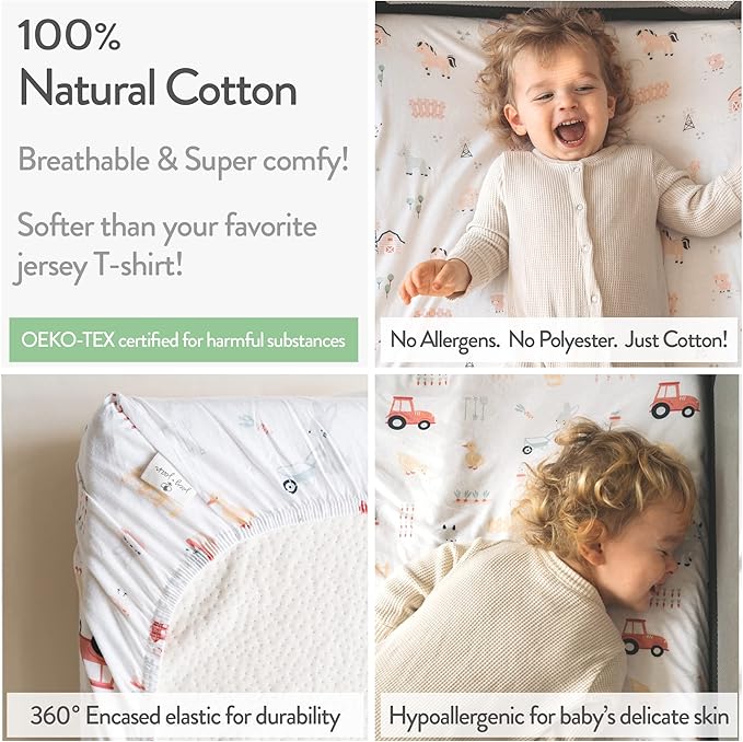 Pack and Play Sheets Fitted – Compatible with Graco Pack n Play Playard Crib and Other 27 x 39 Inch Playpen Mattress – Snuggly Soft 100% Jersey Cotton – Farm Animals – 2 Pack