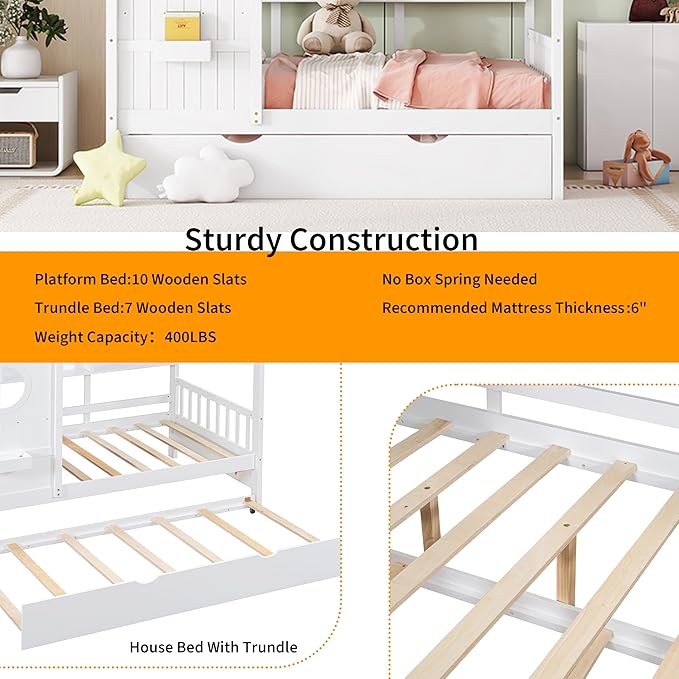 Linique Wooden Full Size House Bed with Trundle and Storage Shelf,Modern Design Full Platform Bed Frame with Pitched Roof,White