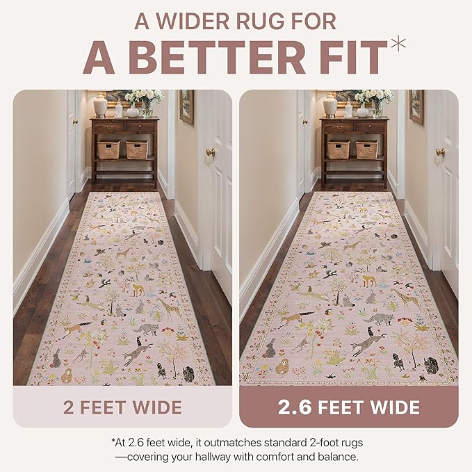 Runner Rug Non Slip 2'6''x 6', Floral Animal Print Rug Machine Washable Rug, Non Slip Low Pile Hallway Runner Girl Carpet for Kitchen, Laundry, Bedroom, Bathroom, Nursery, Pink