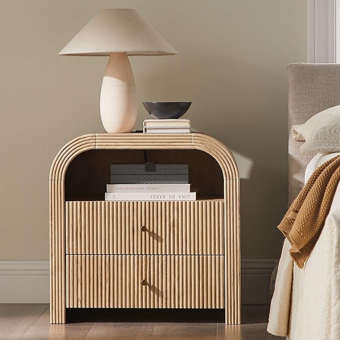 T4TREAM 24" Fluted Nightstand Set of 2, Large 2 Drawers Bedside Table with Charging Station, Modern End Table with Storage Night Stand for Bedroom, Living Room, Round Curved Corner Design, Natural Oak
