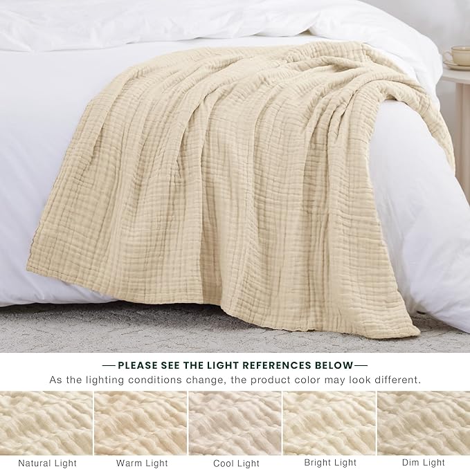 Love's cabin 6 Layer 100% Cotton Muslin Blanket, 50"x60" Throw Muslin Blanket for Couch Bed, Lightweight and Breathable Cotton Gauze for Adult, Beige