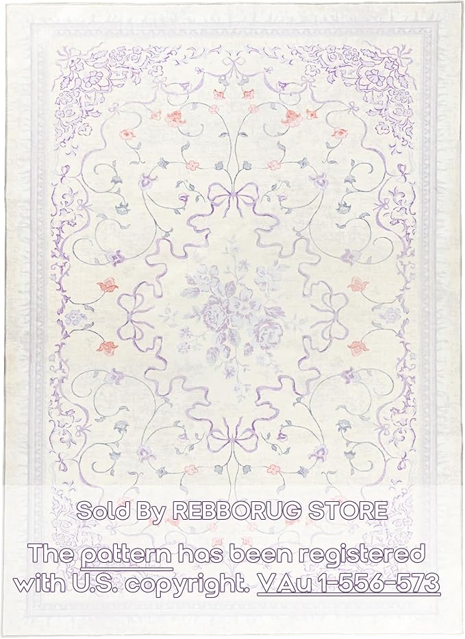 Pastel Purple Rug for Bedroom Dorm Kids Play Room - Light Lavender Blue Pink 5x7 Washable Whimsical Fairy Bow Floral Fun Area Rug for Girls Room Nursery Toddler