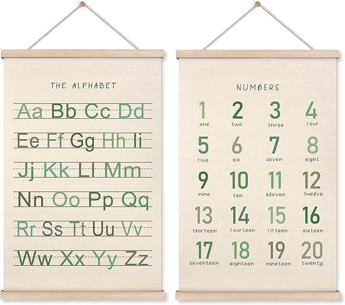 HRQKO Alphabet Numbers Poster Hanger Frame Set of 2, Nursery Wall Decor, Boho ABC Poster Wall Art with Wooden Frames, Sage Green Alphabet Banner Wall Hanging Decor for Toddler Playroom, 16x24 inch