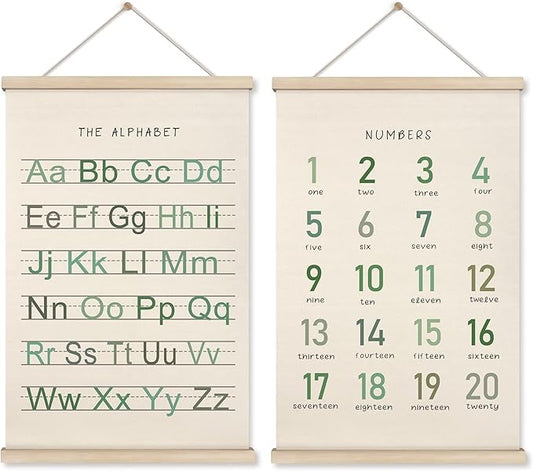HRQKO Alphabet Numbers Poster Hanger Frame Set of 2, Nursery Wall Decor, Boho ABC Poster Wall Art with Wooden Frames, Sage Green Alphabet Banner Wall Hanging Decor for Toddler Playroom, 16x24 inch