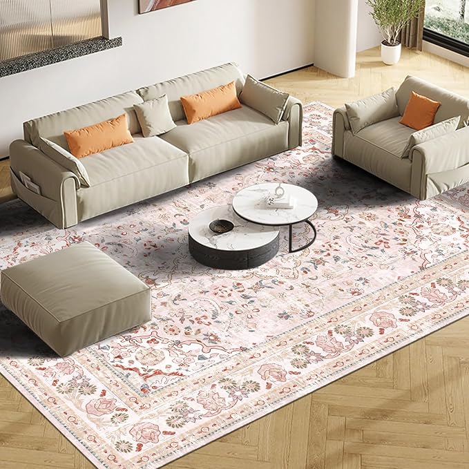Vhong Pink Area Rugs Washable Boho Vintage Modern Neutral Large Carpet 5×7 High Traffic Rugs for Dinning Room Living Room Bedroom Girls' Room Nursery Room Non Slip