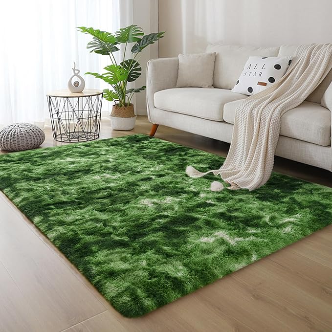 DweIke Fluffy Dark Green Rugs for Bedroom Living Room, 5x8 Large Soft Plush Shaggy Tie-Dyed Forest Moss Green Girls Boys Kids Rug, Non-Slip and Machine Washable Carpet for Dorm Nursery Decor