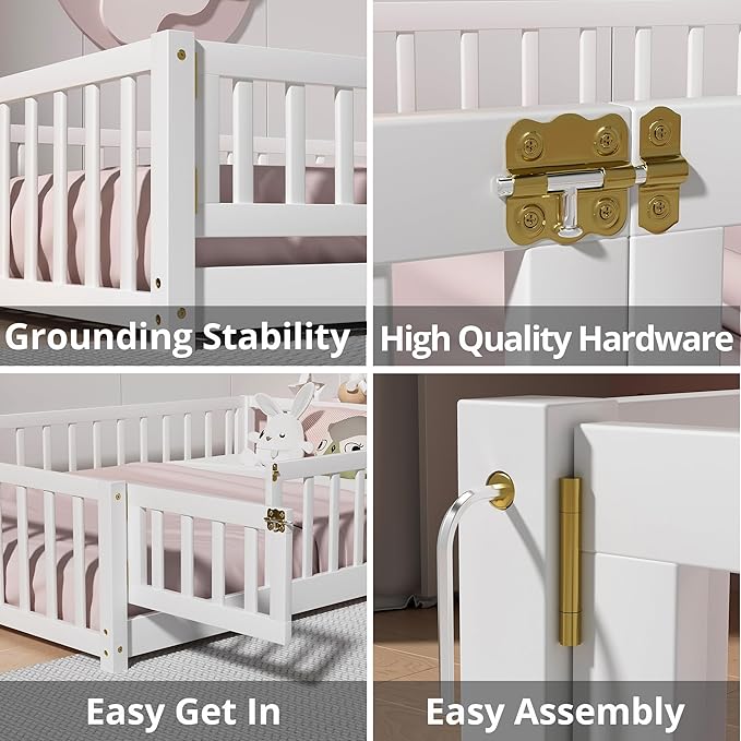 i-POOK Queen Floor Bed for Children, Sturdy Wood Montessori Bed Frame with Wood Slats, Fence & Door, Montessori Floor Bed for Girls and Boys, White