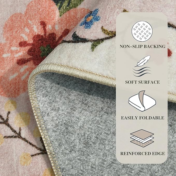 6x9 Washable Area Rug for Living Room, Floral Non-Slip Non-Shedding & Easy Care, Soft Low Pile Vintage Indoor Floor Carpet for Living Room, Bedroom, Farmhouse, Dining Room, Kids Playroom, Beige