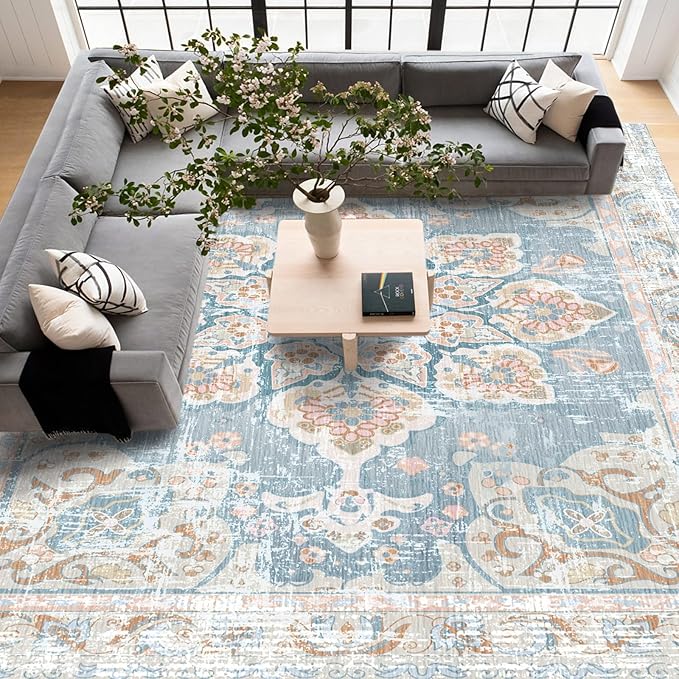 Vhong Washable Boho Area Rugs Vintage Neutral Modern Pale Blue 9x12 Non Slip Large Carpet for Living Room Dining Room Bedroom Farmhouse