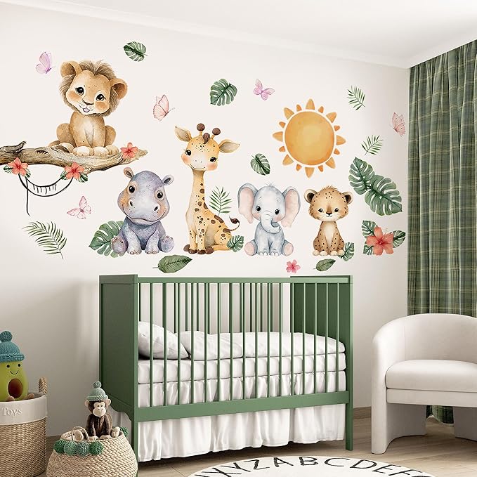 Animal Wall Decals,Animals Giraffe Lion Theme Art Wall Sticker Decors,Peel and Stick Elephants Giraffe Lion Decals for Kids Bedroom Nursery Playroom Library Living Room and Bedroom Decor
