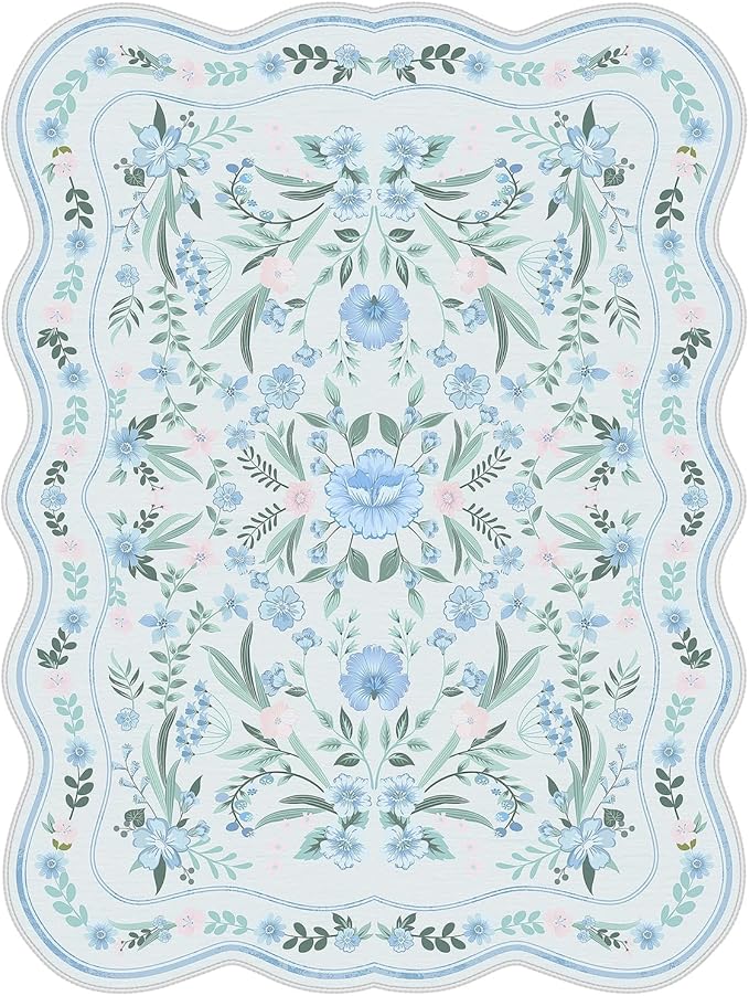 Scalloped Blue Floral Rug 6x9, Washable Soft Faux Wool Area Rug for Living Room, Cute Boho Non-Slip Carpet for Kids Room, Nursery, Bedroom or Office