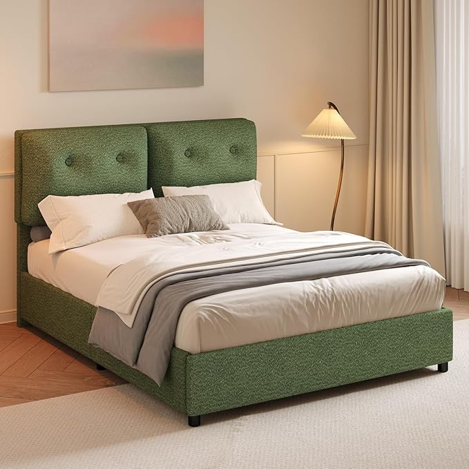 Queen Bed Frame with Headboard, Cloud Boucle Upholstered Bed Frame, Modern Soft Style, Adjustable Headboard, No Box Spring Needed, Easy Assembly, Green