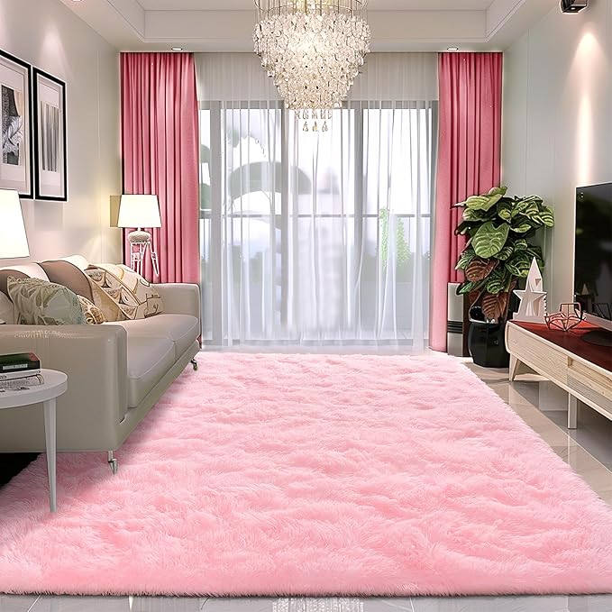 Pink Rug 8x10 - Non Slip Fluffy Rugs for Living Room - Cute Floor Rug for Girls Room Decor- Large Fuzzy Shag Carpet - Shaggy Rugs for Living Room Washable 8x10 Area Rugs Clearance
