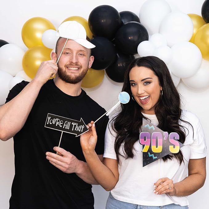 90s Photo Booth Props - 41-pc 90 s Selfie Prop Kit with 8 x 10-Inch Sign, 60 Adhesive Pads, 45 Sticks - 90 s Party Decorations - 90s Birthday Party