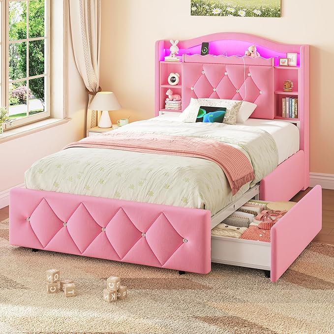 DICTAC Twin Size Bed Frame for Girls with Storage Drawers, Bookcase Headboard, LED Lights and Power Outlets, Diamond Tufted Velvet Upholstered Princess Platform Bed, Heavy-Duty Metal Support, Pink