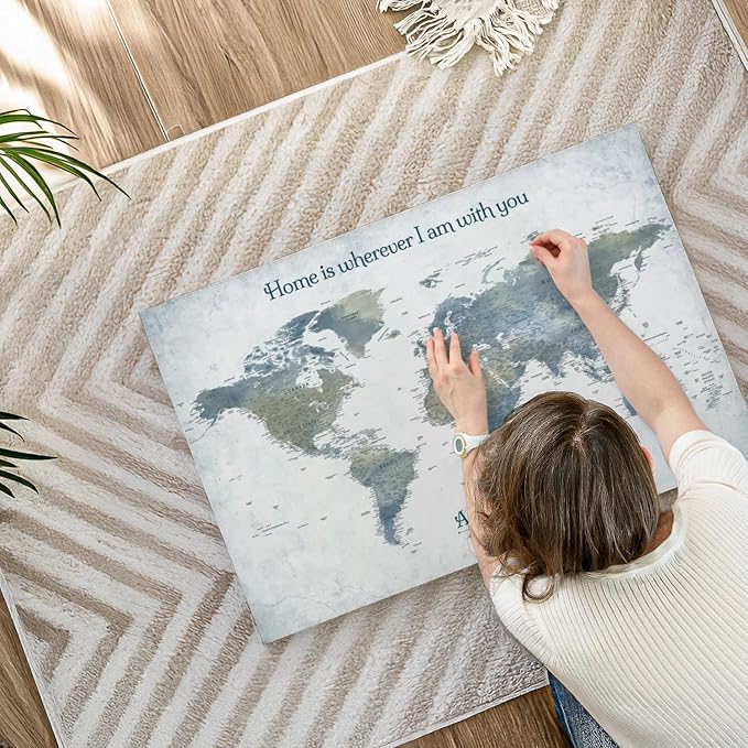 ElephantStock - Home With You II Push Pin World Map Wall Art - Horizontal Canvas Wall Art - Living Room Wall Decor - Digital Art Map Canvas Art - Blue And Gray Decor - 36" x 24"