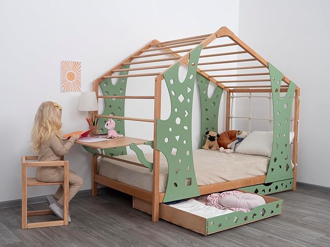 BUSY WOOD Monkey Bed – Twin Frame with Storage & Foldable Table – Montessori Indoor Playground – Jungle Gym Furniture for Kids – Toddler Sleeping Frame with Drawers