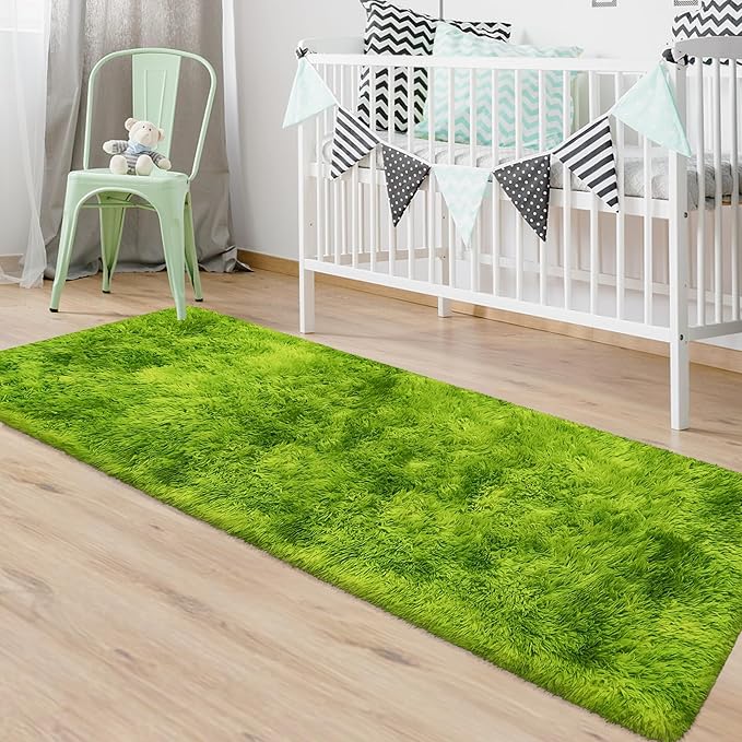 Grass Green Tie-Dyed Rug 2x6 ft Plush High Pile Shag Carpet Fluffy Soft Runner Bedside Rug for Bedroom Living Room Hallway Nursery Kids Home Decor