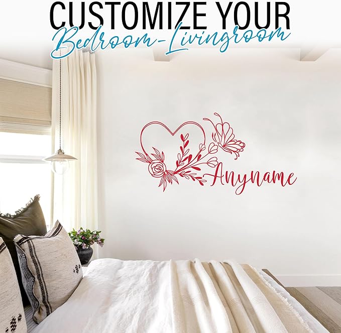 Custom Butterfly Name Wall Decal Personalized Floral Heart Name Transparent DTF Vinyl Removable Nursery Wall Decals for Baby Kids Room, Teen Bedroom, Window, Cute Home Decor Gifts
