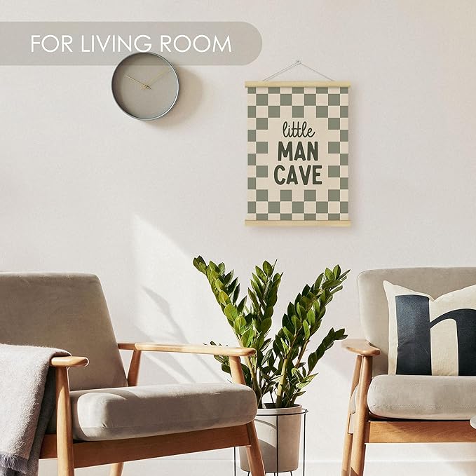 Fewgb Little Man Cave Wall Art Decor for Baby Boys Nursery Kids Room Bedroom Playroom, Sage Green Hanging Poster Framed with Hanger, Green Checked Plaid Picture Prints 12x16