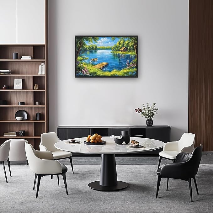 Large Green Lake Wall Art for Living Room, Framed Oversized Tree Boat Wildflowers Wall Decor Nature Landscape Canvas Painting Modern Artwork for Bathroom Bedroom Office Dining Room 36"x24"