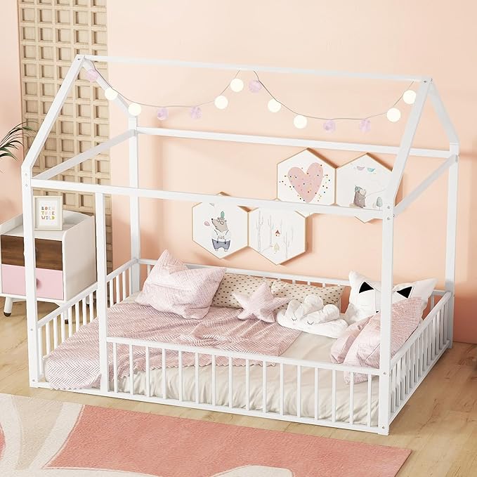 Bellemave Full Size Montessori Floor Bed, Metal House Bed Framefor Kids, Montessori Floor Beds with Fence, Playhouse for Kids, White