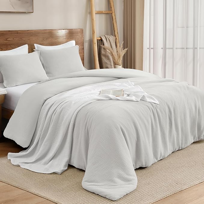 PHF Cotton Muslin Comforter Set King Size, Ultra Soft, Breathable & Lightweight All-Season Bedding, Filling: 100% Polyester, 3 Pieces with 1 Comforter 104"x90" and 2 Pillow Shams 20"x36", Light Grey