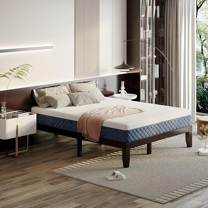 KOMFOTT 14 Inches Wood Platform Bed Frame King Size, Wooden Mattress Foundation with Rubber Wood Frame, Strong Wooden Slat Support, No Box Spring Needed, Bed Frame (Dark Brown)