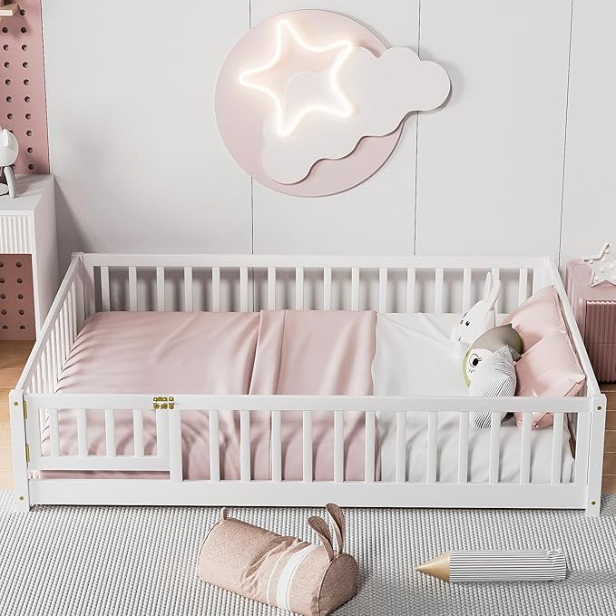 i-POOK Queen Floor Bed for Children, Sturdy Wood Montessori Bed Frame with Wood Slats, Fence & Door, Montessori Floor Bed for Girls and Boys, White