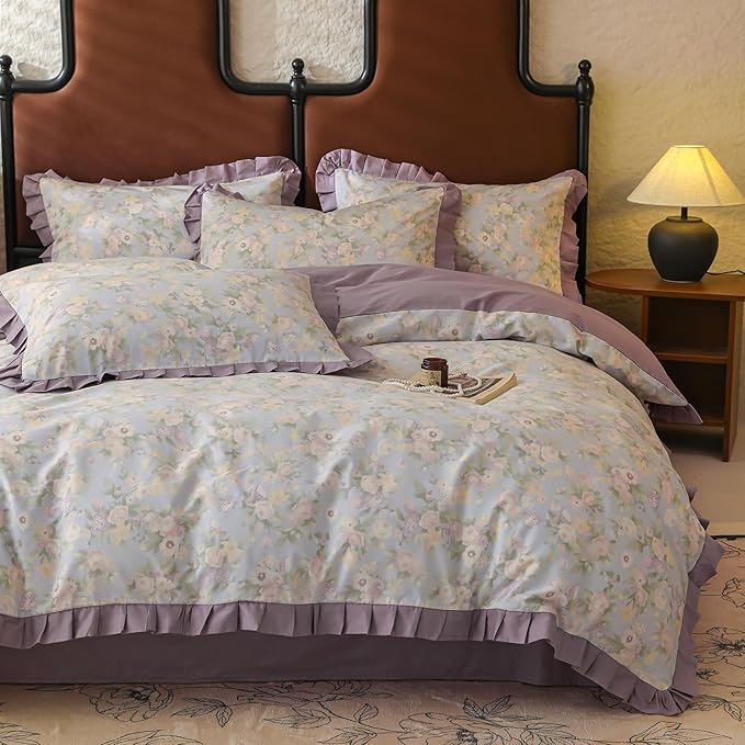 Garden Style Flower Duvet Cover with Purple Ruffles Vintage Floral Duvet Cover 100% Cotton Princess Lace Bedding Set Botanical Flower Comforter Cover Boho Cottagecore Bedding Cover with Zipper Ties