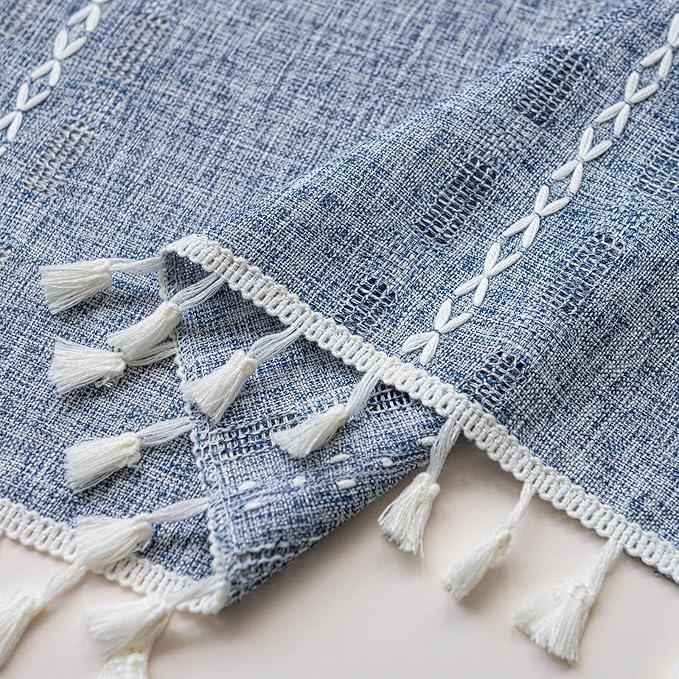 Deeprove Boho Valance Kitchen Short Curtain, Textured Striped Drape Semi Sheer Privacy Tier Embroidered Chic Window Treatment for Cafe Restaurant Closet, W52 x L18 inch Single 1 Panel Denim Blue