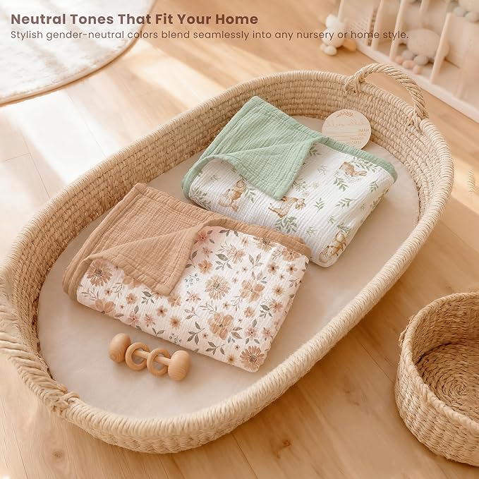 Konssy Muslin Baby Blankets for Girls Boys, 100% Cotton Crib Blanket for Infant Toddler, Super Soft and Lightweight Nursery Swaddling Wrap 47"x47" (Woodland)
