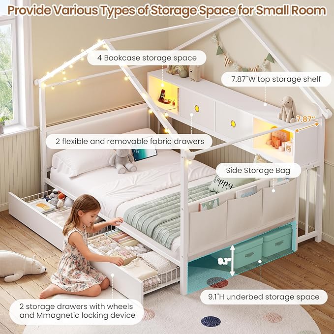 DICTAC Twin Corner Bed Frame with Storage Bookcase,Charging Station and Upholstered Headboard House Shaped Twin Size Bed Frame with 2 Storage Drawers,RGB LED and Globe Lights,Kid twin House Beds,White